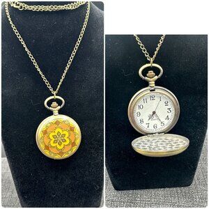 Pocket Watch Necklace Enamel & Glitter Harlequin Retro Design Quartz Brass Chain